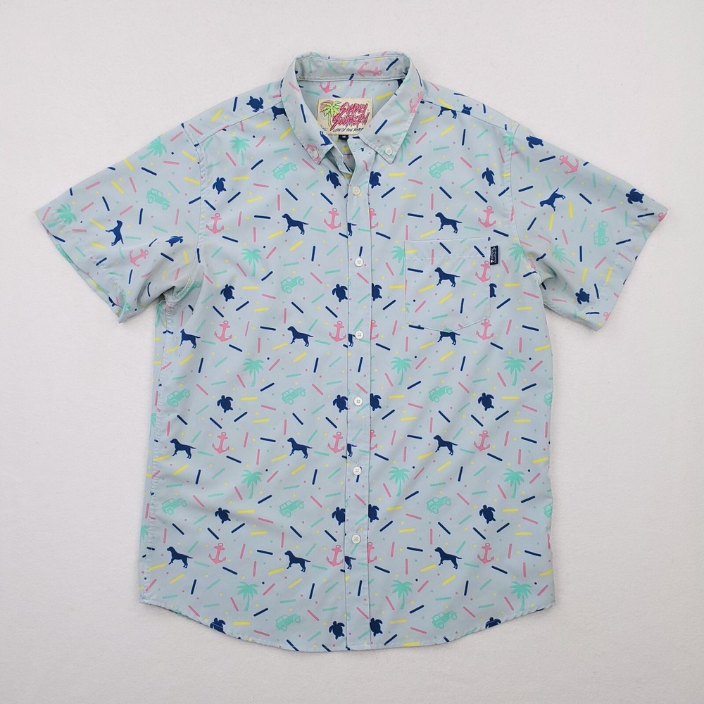 Simply Southern Shirt Mens Medium Blue Turtle Dog Beach Anchor Confetti Party